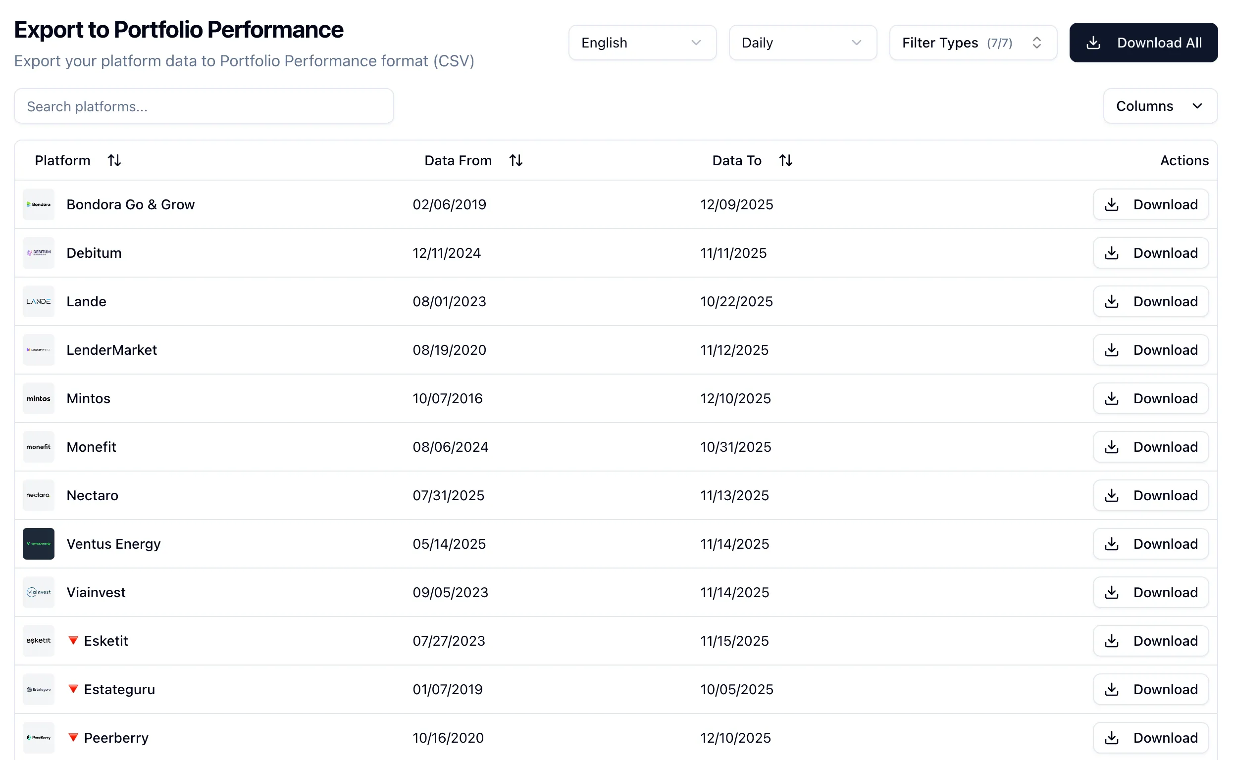 Portfolio Performance Export